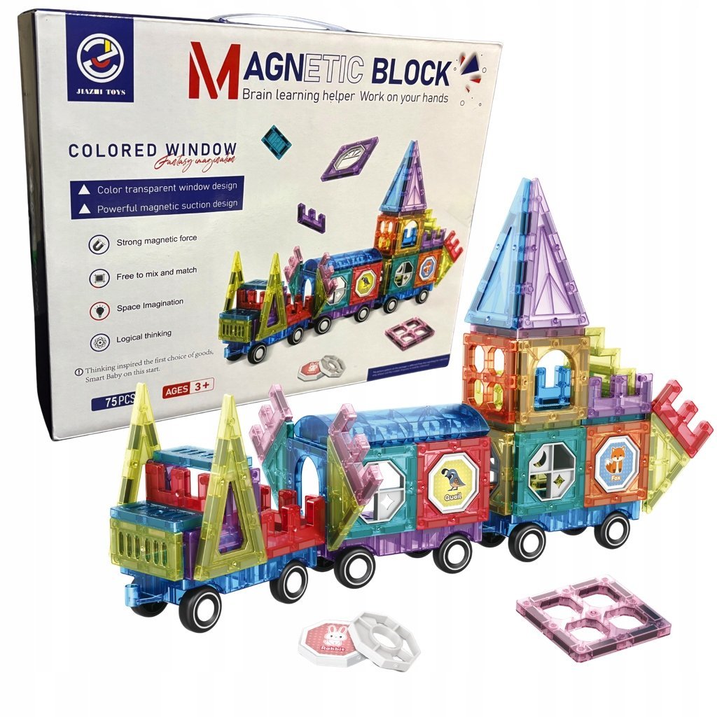 KLOCKI MAGNETYCZNE 75EL POCIĄG MAGNETIC DUŻY ZESTAW 3D PREZENT DLA DZIECI