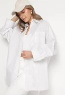 Koszule damskie - Biała Koszula z Bawełny w Paski Ozdobiona Kieszenią Halonila - miniaturka - grafika 1