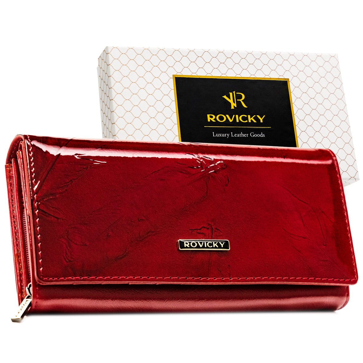Czerwony duży portfel damski skórzany elegancki ROVICKY ochrona RFID klasyczny pojemny