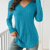 Bluzki damskie - TEMU Damskie Swetry z Dekoltem w Serek i Żebrowanym Wzorem - Miękka Tkanina o Średniej Elastyczności, Casualowa Koszulki długi Raglan Jednokolorowe - miniaturka - grafika 1