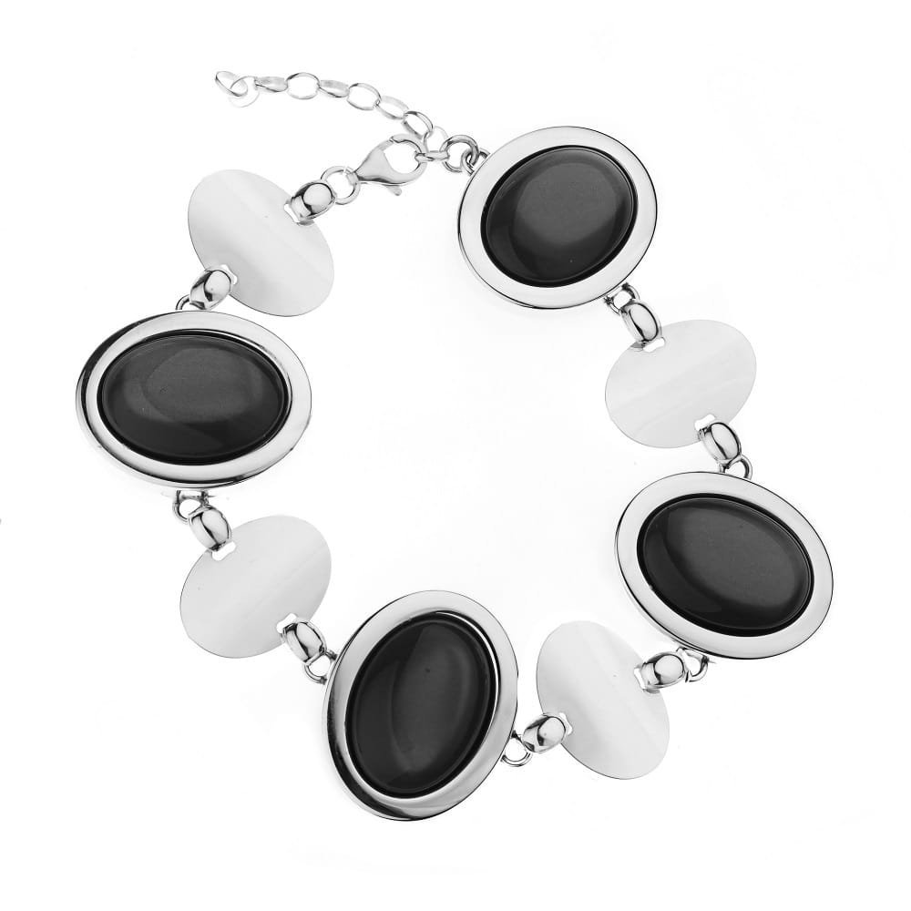 Srebrna bransoletka elegancka pr. 925 gładka z czarnymi kamieniami - Onyks