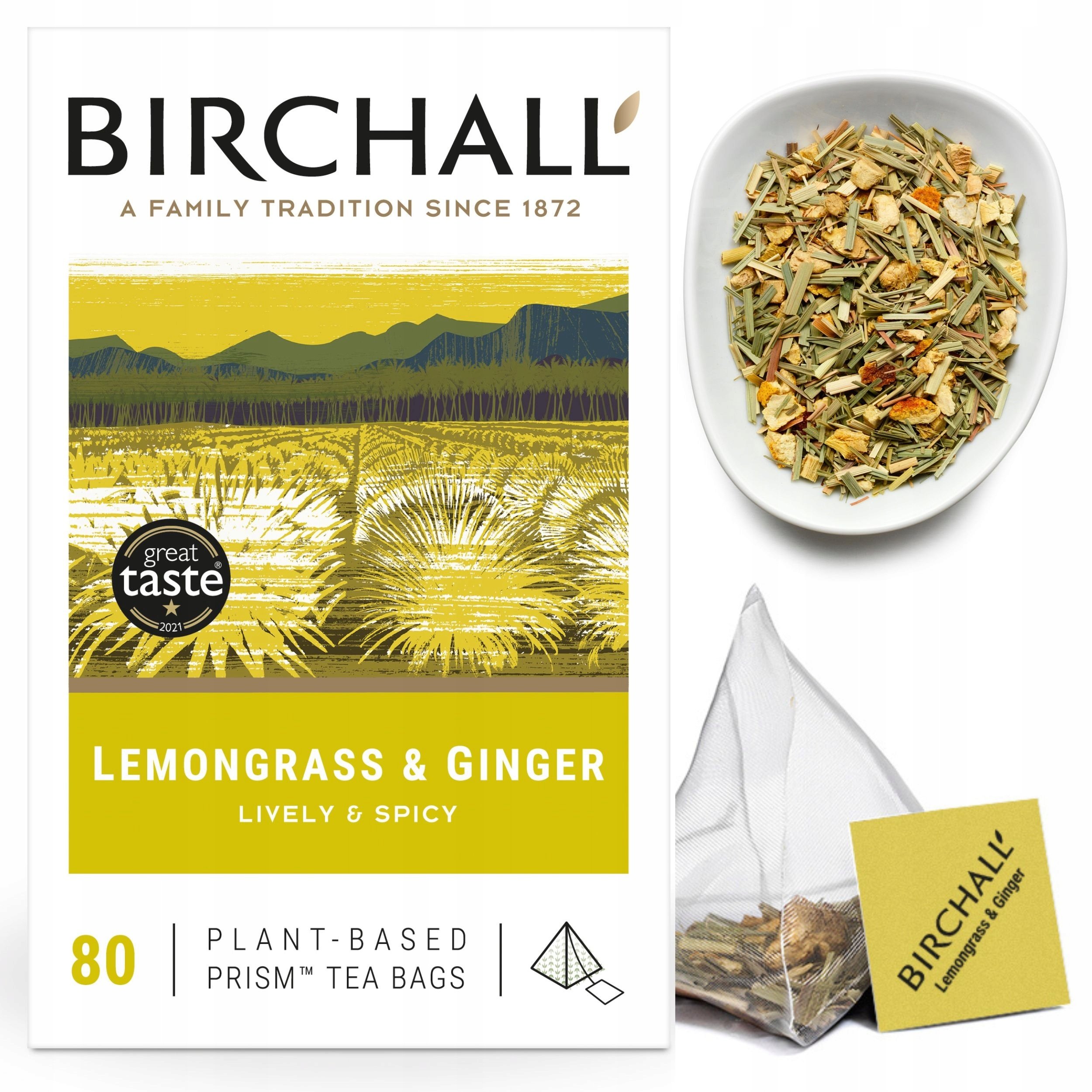 Angielska Herbata Birchall Trawa Cytrynowa Imbir 80szt 200g piramidki