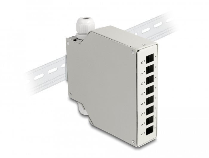 Delock Fiber Optic Distribution Box for DIN rail 8 port grey, Piggy-back connector, Straight, Female, Metal, 126 mm 85931