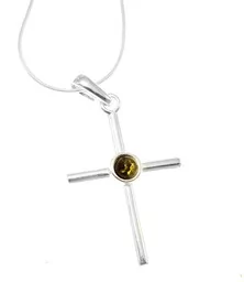 Srebrny krzyżyk z bursztynem - Biżuteria religijna - miniaturka - grafika 1