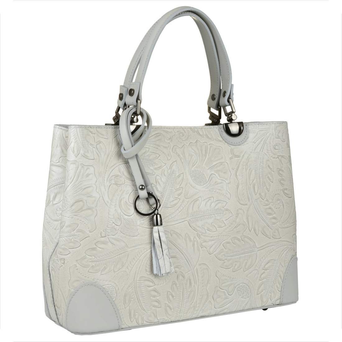 Skórzana torebka shopper popielaty tłoczone kwiaty