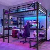 Łóżka dla dzieci i młodzieży - Łóżko piętrowe 140 x 200 cm z biurkiem i półkami do przechowywania - Metal i MDF - Diody LED, gniazda USB i typu C - Czarny (Bez materaca) - miniaturka - grafika 1