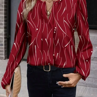 TEMU Elegancka bluzka z długim rękawem i wyciętym kołnierzykiem, poliestrowa koszulka z nadrukiem, regularny kroju, z obcisłą brzegiem, dla kobiet, - Koszule damskie - miniaturka - grafika 1