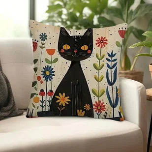 Poszewka 45x45 czarny kot retro artystyczna rośliny kwiaty dla kociary boho - Poszewki na poduszki - miniaturka - grafika 1
