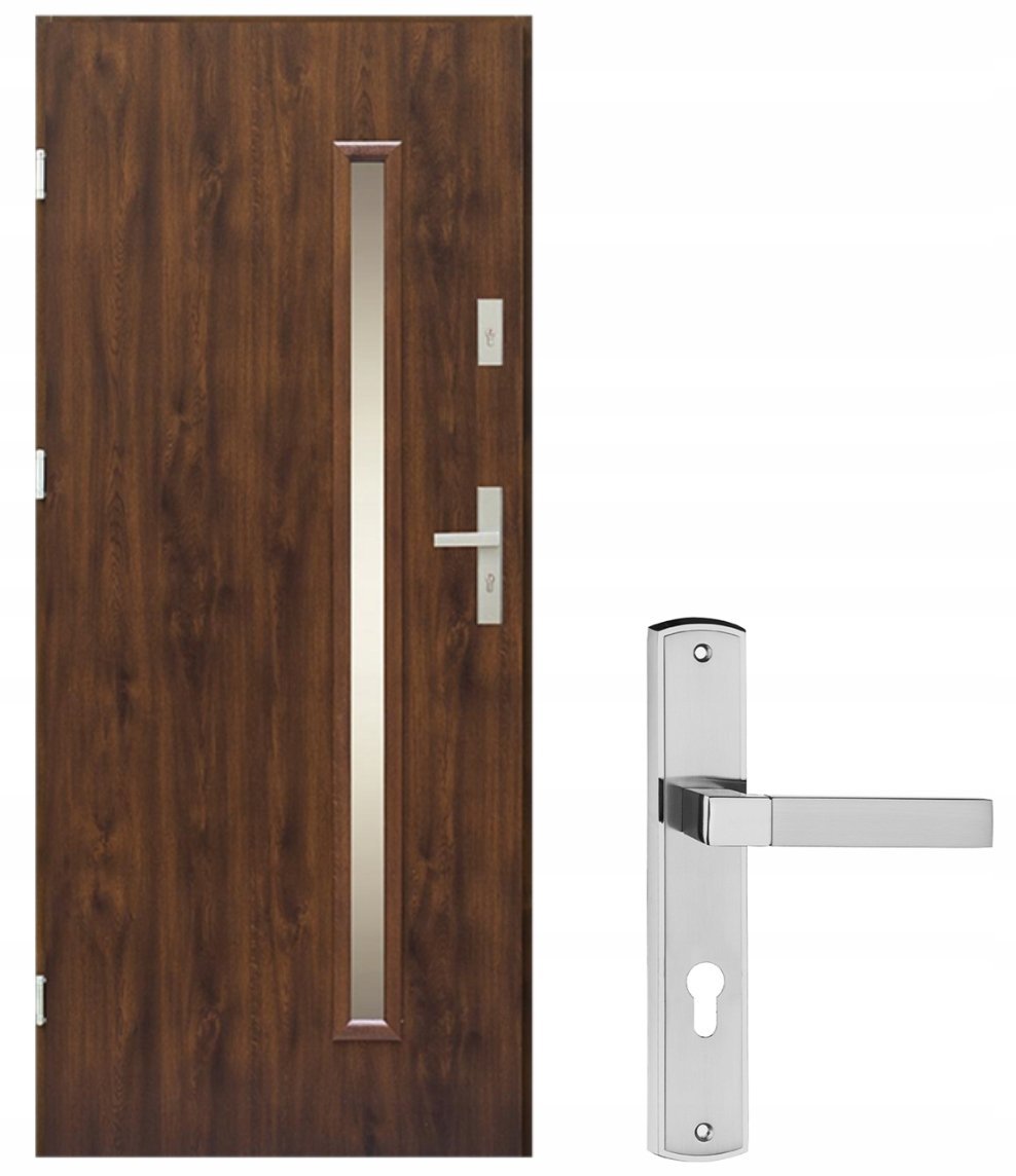 Drzwi zewnętrzne metalowe prawe 90cm Szklenie mleczne, powłoka PVC + klamka