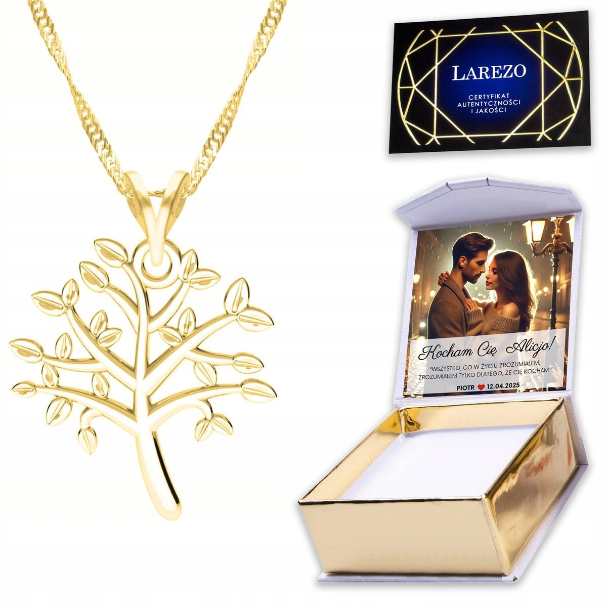 Złoty Naszyjnik 925 z Drzewem Życia Drzewo Drzewko Tree Roślina + NADRUK