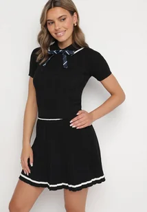 Czarny Komplet ze Sweterkiem z Odpinaną Kokardką i Spódniczką w Stylu Mundurka Jorilne - Komplety damskie - miniaturka - grafika 1