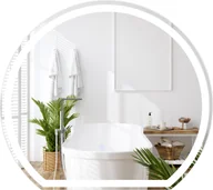 Lustra - Lustro łazienkowe LED COSTWAY 60 x 54 CM, okrągłe lustro naścienne ze ściemnianym 3-kolorowym oświetleniem, przełącznik dotykowy, przeciwmgielne - miniaturka - grafika 1