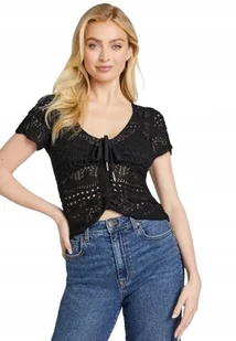 GUESS CZARNA AŻUROWA BLUZKA Z WIĄZANIEM KRÓTKI RĘKAW XL GNA - Bluzki damskie - miniaturka - grafika 1