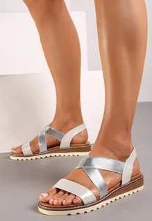 Sandały damskie - Srebrne Klasyczne Sandały Wsuwane z Niskim Koturnem Ebina - grafika 1