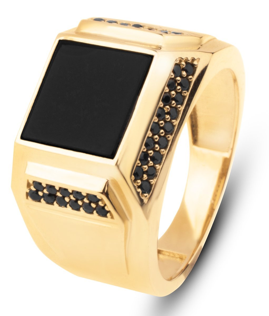 ZŁOTY BOGATY SYGNET Z ONYKSEM I CZARNYMI CYRKONIAMI 14KT 585