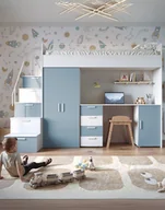 Krzesełka i taborety dla dzieci - Zestaw wielofunkcyjny Raj 4 – z biurkiem, szafą, schodkami z funkcją szuflad oraz łóżkiem ze stelażem i materacem, niebieski mglisty - miniaturka - grafika 1