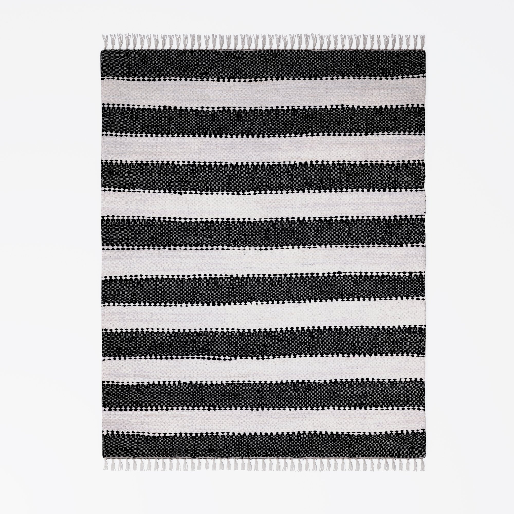 Dywan patchworkowy MY-RUG, Aarav, 230x160, dywan Chindi, czarno-biały, wykonany z resztek bawełny z recyklingu, ręcznie tkany, dwustronny, z frędzlami, prostokątny