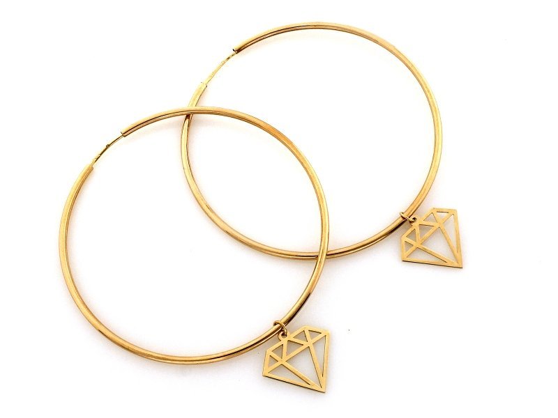 Kolczyki złote 333 koła duże 48mm z wiszącym graficznym diamentem 2.98g