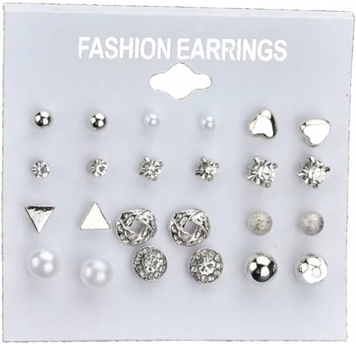 Zestaw 12 par Kolczyków Cyrkonie Perły Kolczyki Posrebrzane Mosiądz