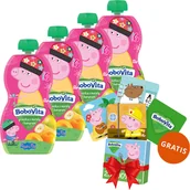 Desery dla dzieci - Zestaw BoboVita Świnka Peppa Mus w tubce, gruszka z morelą i bananem, po 6 miesiącu, 4 x 100 g + karty do gry memory, 24 sztuki gratis - miniaturka - grafika 1