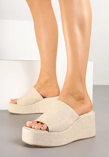 Beżowe Klapki na Koturnie Zdobione Panterkowym Tłoczeniem Xovianne - Klapki i japonki damskie - miniaturka - grafika 1