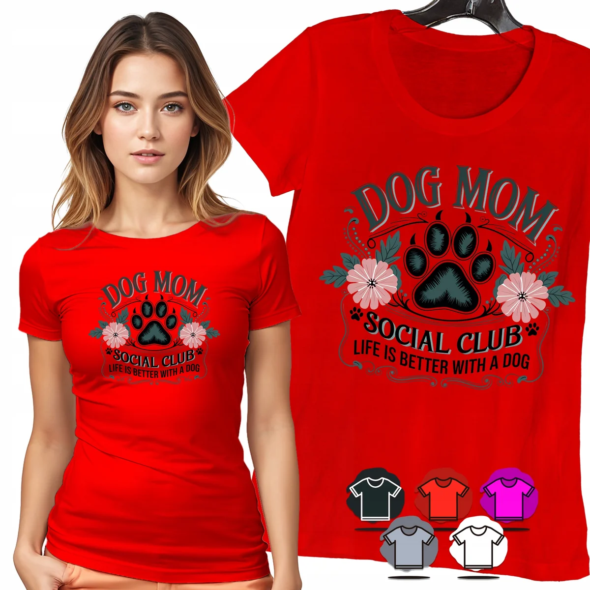 KOSZULKA DAMSKA T-SHIRT - DOG MOM PSIA MAMA ŁAPKA KWIATY DAMSKI WZÓR - L