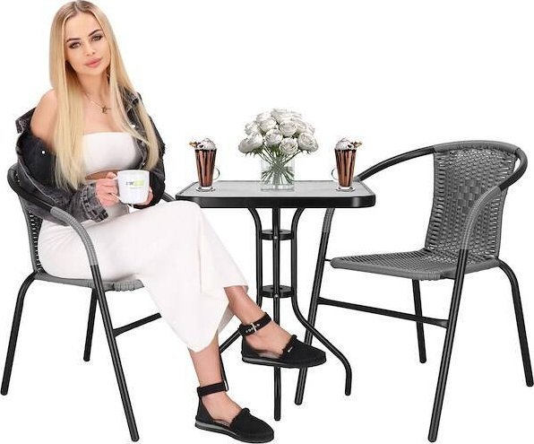 Springos Meble tarasowe: stolik kawowy z bezbarwnego szkła hartowanego, 2 krzesła metalowe do ogrodu czarno-szary UNIWERSALNY