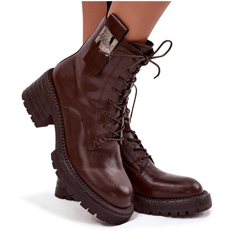 Skórzane Botki Workery Damskie Na Klocku Z Ozdobnym Detalem Artiker 57C0213 Brązowe 41-36