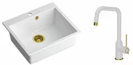 Zlewozmywaki z baterią - Quadron Zlewozmywak granitowy jednokomorowy 57*50*22 cm MORGAN 110 SNOW WHITE ze złotym odpływem z baterią NATALIE Q LINE SNOW WHITE kolor biały mat/wykończenie złote - miniaturka - grafika 1