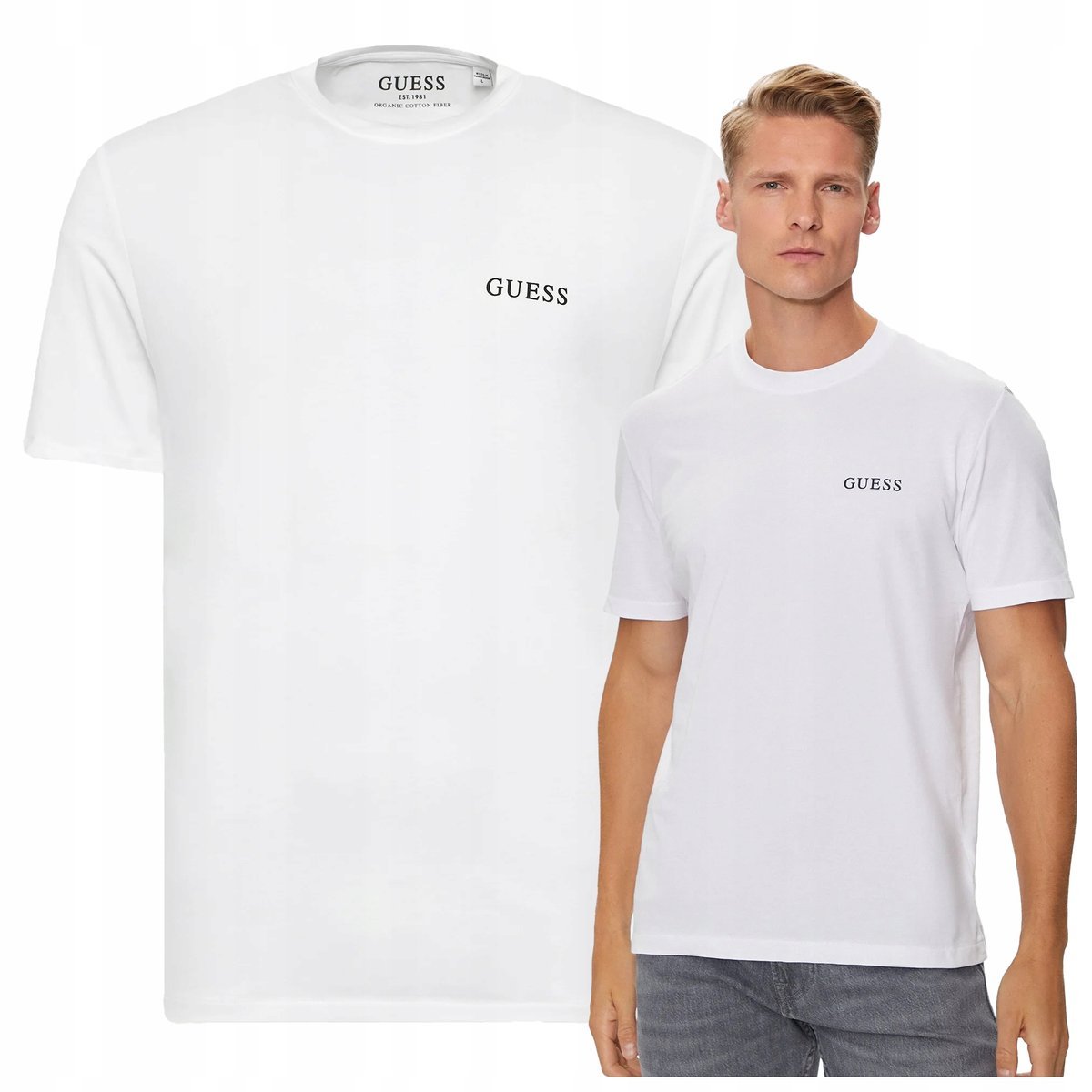 Guess Biała Męska Koszulka Bawełniany T-shirt Sportowy Ładny Krój SLIM r.L