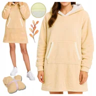 Bluzy damskie - Kocobluza Oversize z Kapturem XXL Gruby Koc Bluza Długa Futrzana Beżowa - miniaturka - grafika 1