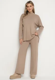 Beżowy Dzianinowy 2-częściowy Komplet z Wiskozą Sweter z Półgolfem i Szerokie Spodnie Firizia - Komplety damskie - miniaturka - grafika 1
