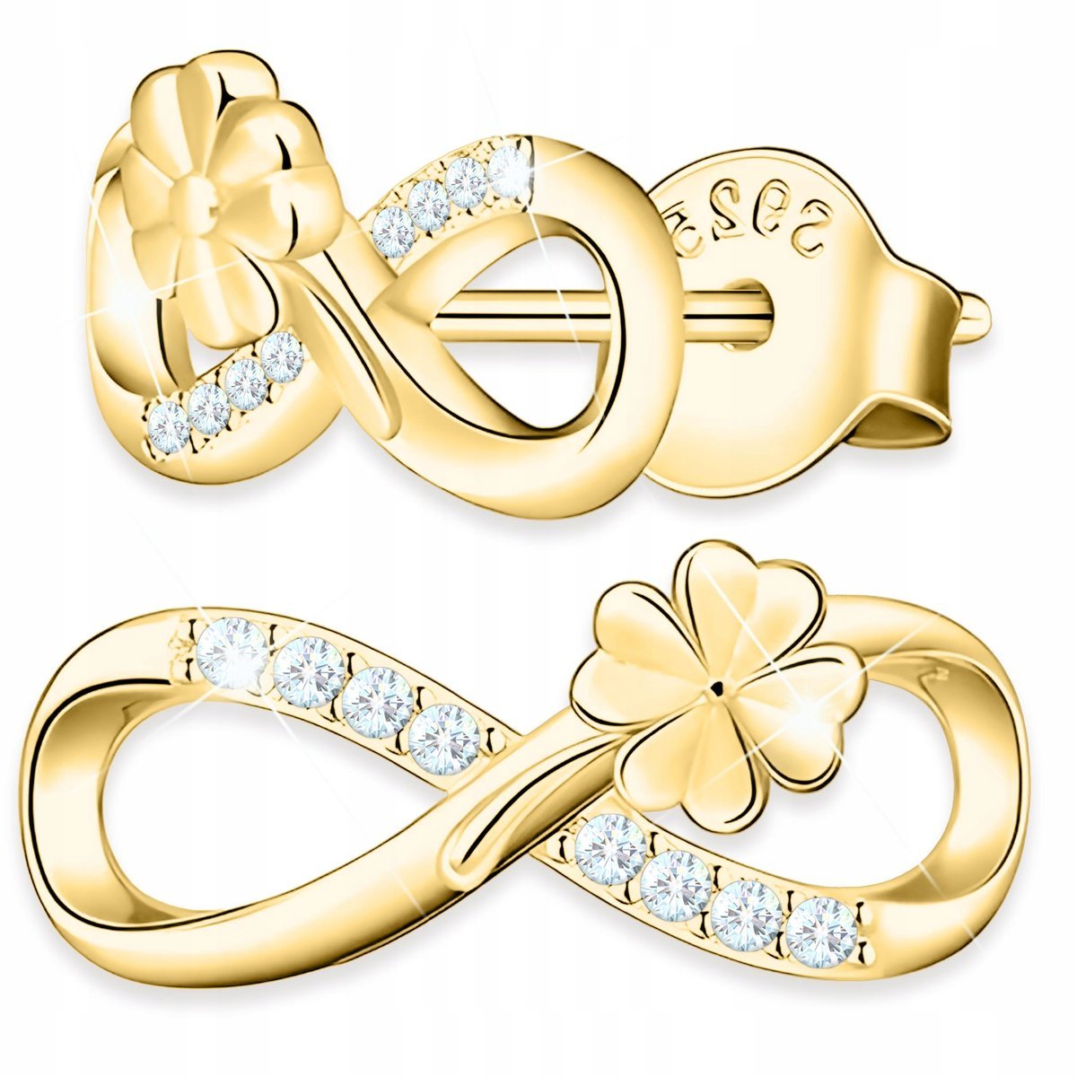 Złote Kolczyki ze Znakiem Nieskończoności Kwiaty Koniczynki SREBRO 925