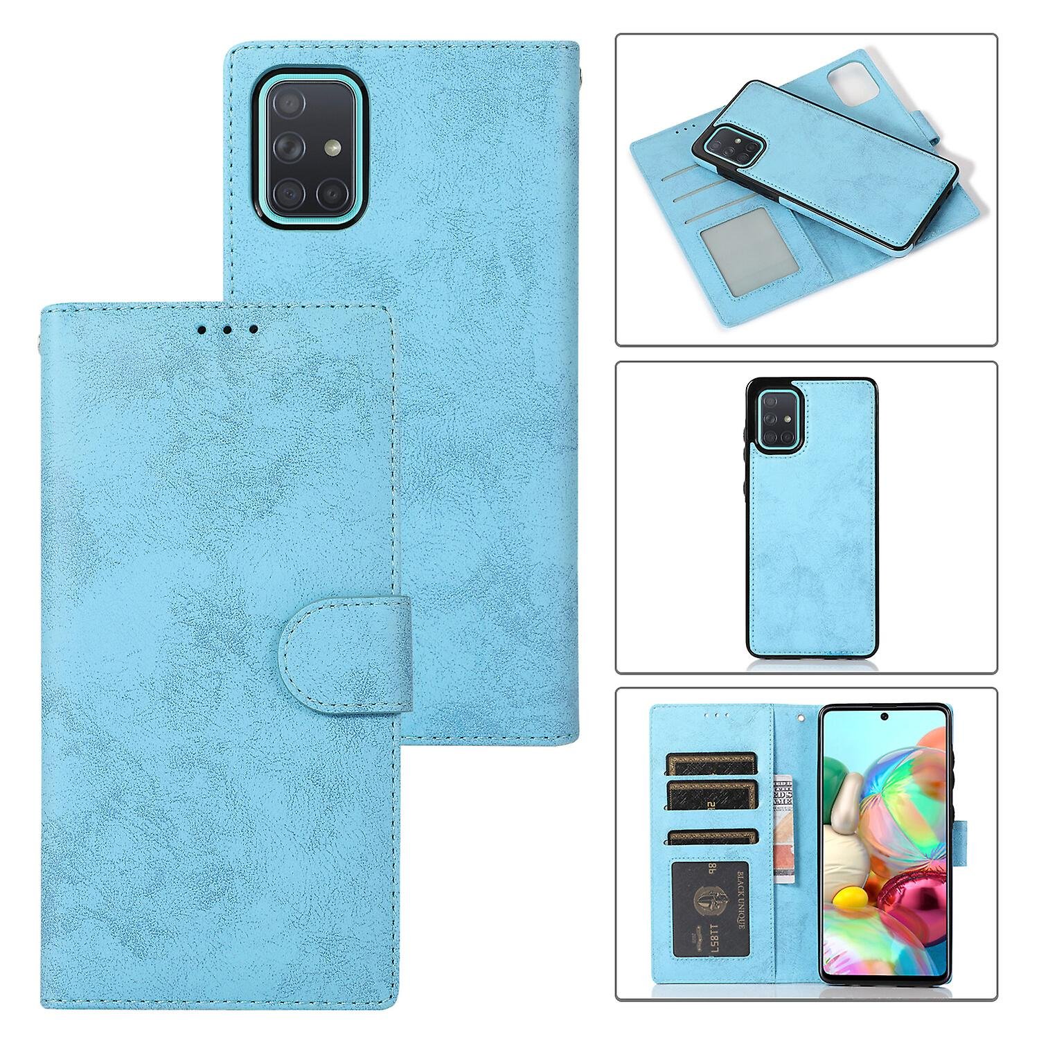 Etui Samsung A71, gniazda na karty Retro skórzany portfel odporny na wstrząsy Flip Cover Magnetyczne zamknięcie Bookstyle Stand Case Jasnoniebieski