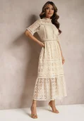 Sukienki - Beżowa Rozkloszowana Sukienka Maxi Ażurowa z Falbanką Ranilette - miniaturka - grafika 1