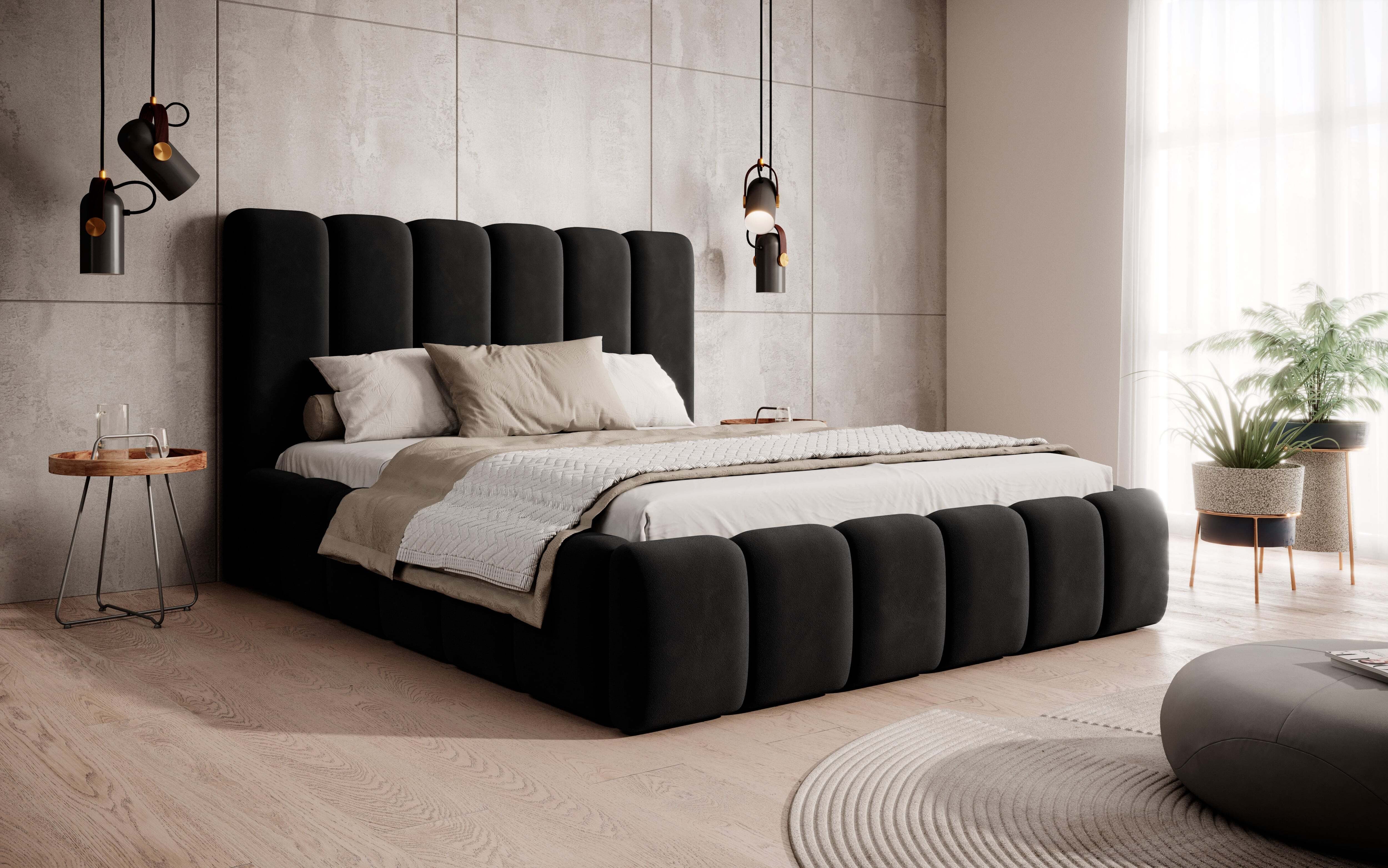 Łóżko tapicerowane Dream 200x200 - Designerskie łóżko z szafką nocną i stelażem z listew - Black & Magic Velvet 2219