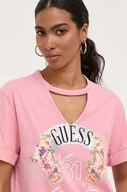 Koszulki sportowe damskie - Guess t-shirt bawełniany kolor różowy - miniaturka - grafika 1