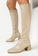 Kozaki damskie - Ciemnobeżowe Kozaki na Obcasie z Dopasowaną Cholewką Fagwona - miniaturka - grafika 1