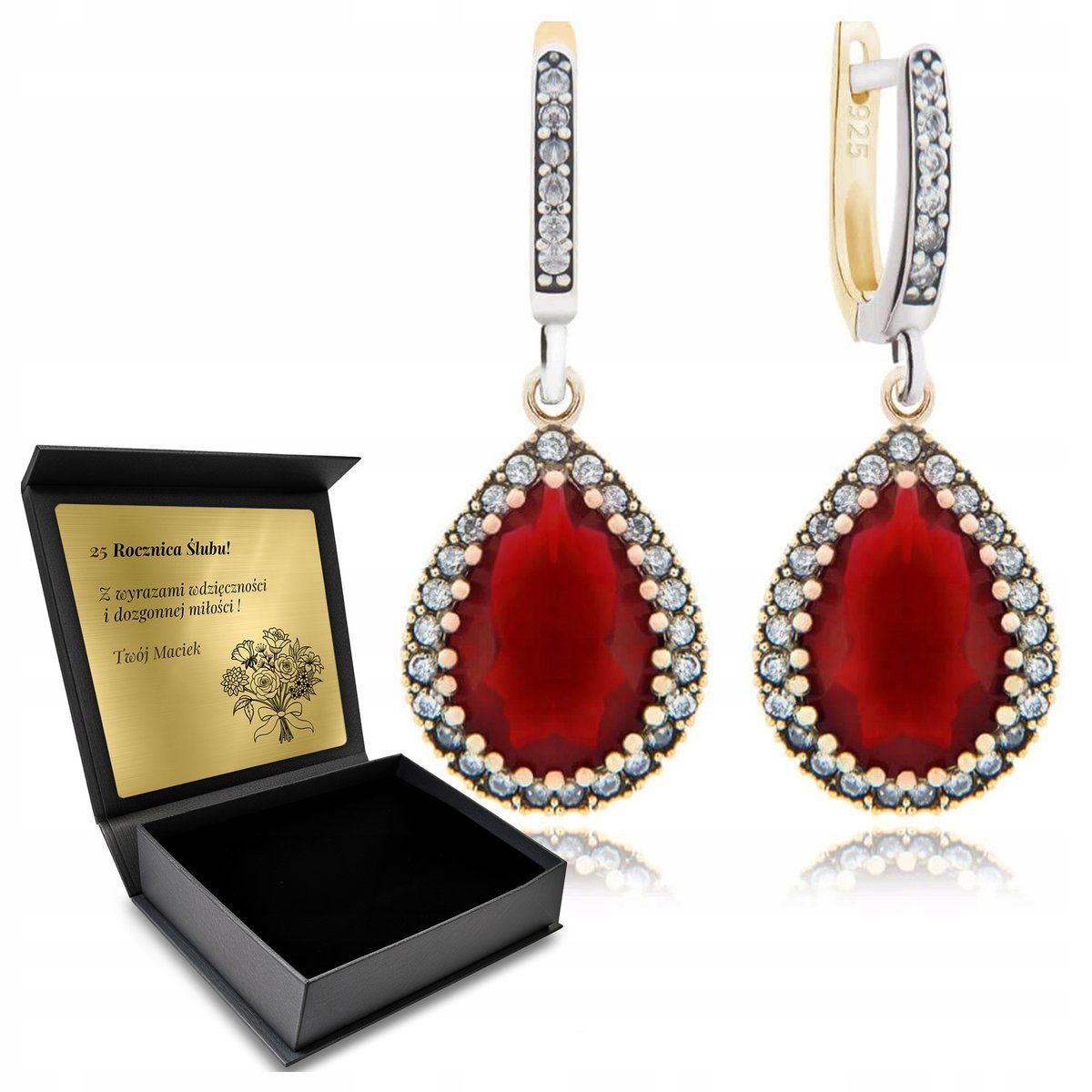 Kolczyki Srebrne 925 Z Cyrkoniami I Rubinem Dla Kobiety + Grawer