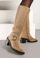 Kozaki damskie - Ciemnobeżowe Ocieplane Kozaki na Obcasie Ozdobione Klamrą Asiti - miniaturka - grafika 1