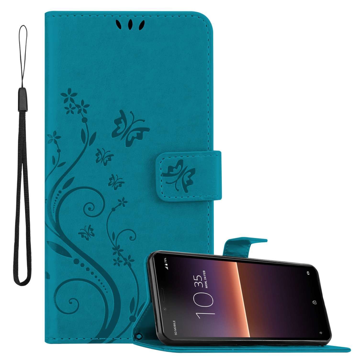 Pokrowiec Cadorabo do Sony Xperia 10 II w kolorze FLORAL BLUE Pokrowiec ochronny w kwiatowy wzór z zapięciem magnetycznym, funkcją podstawki i kieszeniami na karty Flip Case Flower Cover Etui Handy Klapp Hülle Book Tasche
