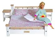 Domki dla lalek - Komplet Sypialnia ASH drewniana podwójna dla Barbie i Kena : Łóżko + 2 szafki nocne + pościel , mebelki drewniane do domku dla lalek Model różowa łą.. - miniaturka - grafika 1