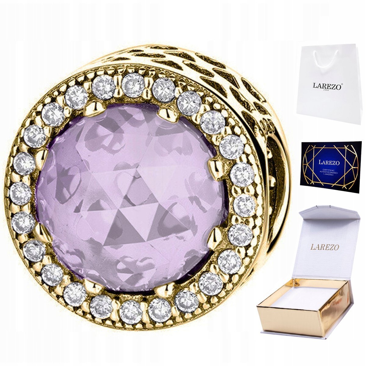 CHARMS ZŁOTY Różowy Kryształ Koralik Kamień z Cyrkoniami Lśniące Cyrkonie