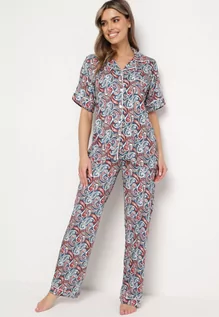 Piżamy damskie - Niebieski Komplet Piżamowy w Print z Wiskozy Spodnie z Gumką w Talii i Koszulowa Góra Adispro - grafika 1