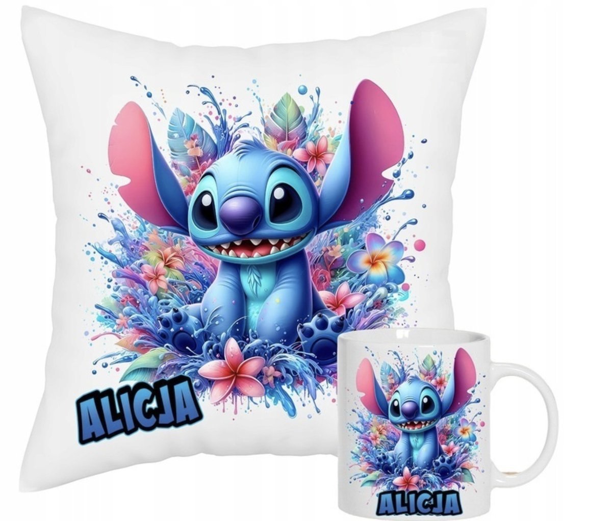 ZESTAW PODUSZKA + KUBEK PREZENT DLA DZIECKA STICH STITCH STICZ + IMIĘ #1