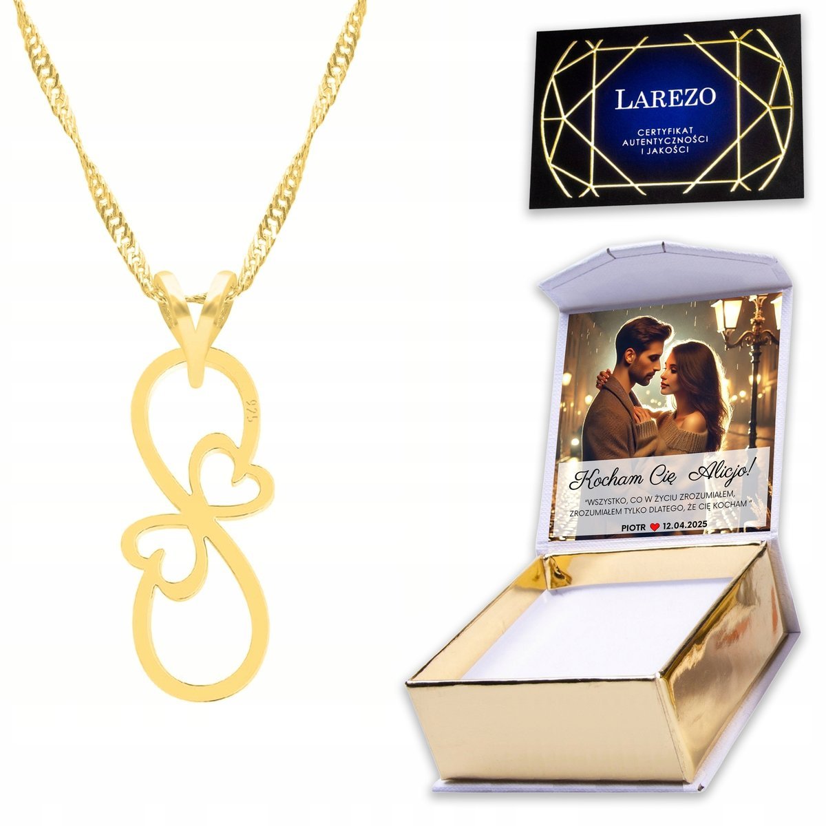 Złoty Naszyjnik 925 Serce Infinity Serca Nieskończoność Serduszko + NADRUK