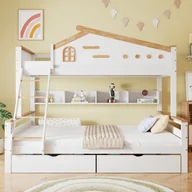 Łóżka dla dzieci i młodzieży - Łóżko piętrowe dla dzieci 90x200cm i 140x200cm, z barierką, szufladami, oknem i szufladami, białe + naturalne kolory - miniaturka - grafika 1
