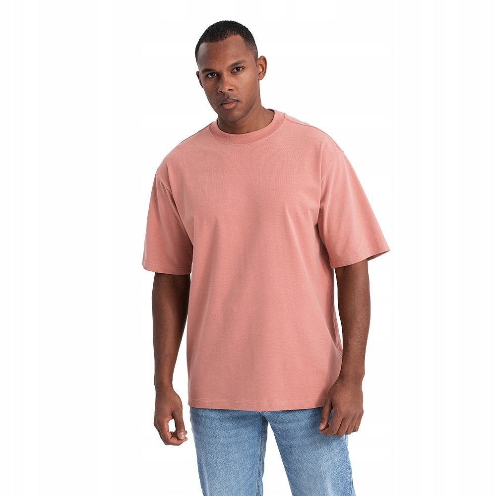 Bawełniany różowy t-shirt męski loose fit modny Ombre OM-TSBC-0234 V5 r M