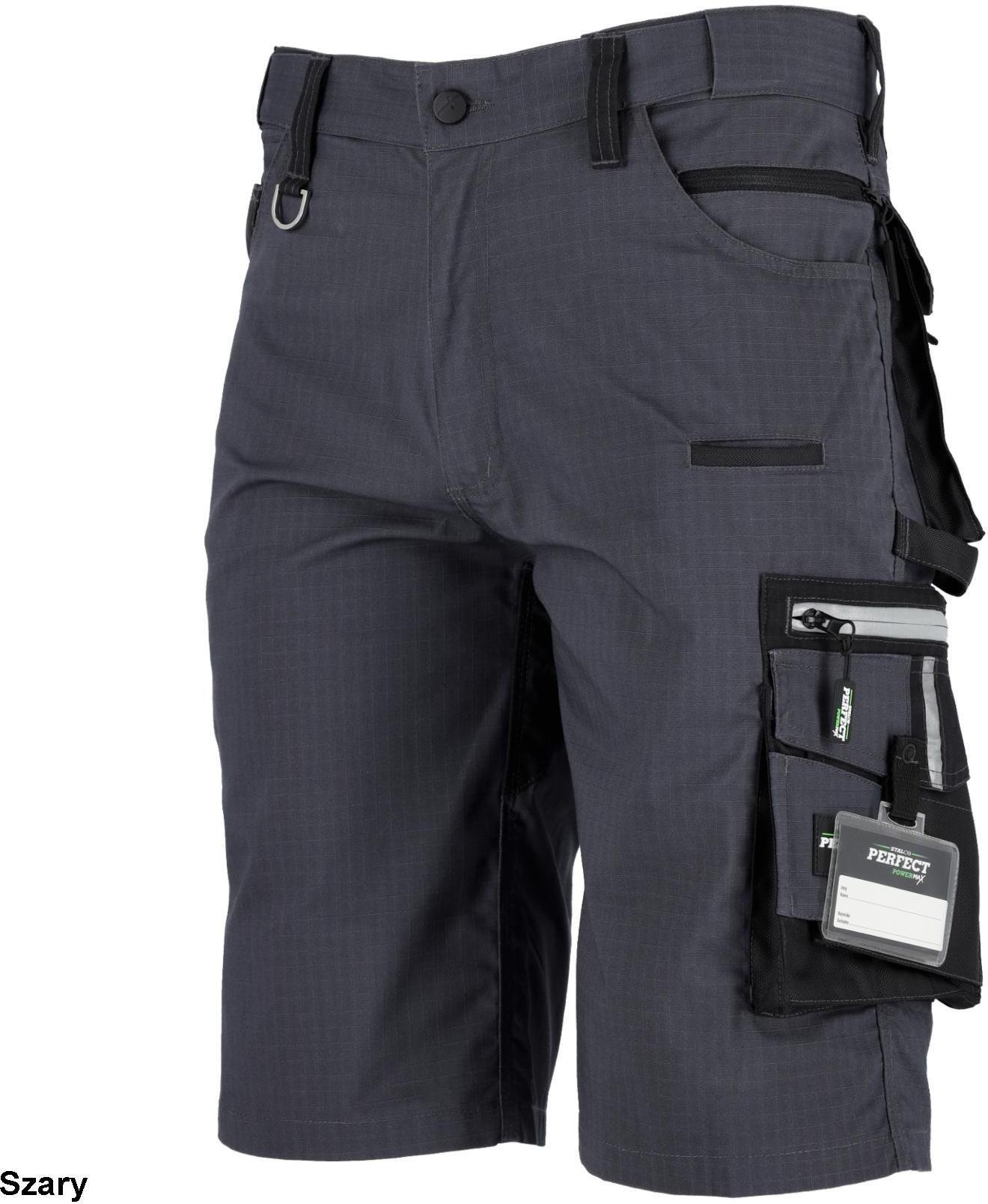 Stalco Spodnie robocze szorty slim fit RIP-STOP elastyczny materiał z bawełną wzmocnienie elementy odblaskowe szare 3M Scotchlite FLEX LINE 3XL