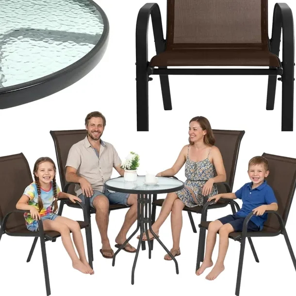 Zestaw Mebli Ogrodowych Balkonowych Stół Okrągły 60cm + 4x Krzesło Brązowe